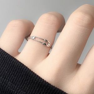 Women's Ring Silver Safety Pin w/ CZ Adjustable